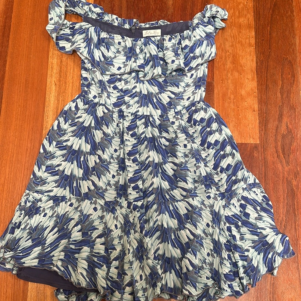 Love Shack Fancy blue pattern off the shoulder flowy dress. Zipper back. Size 0